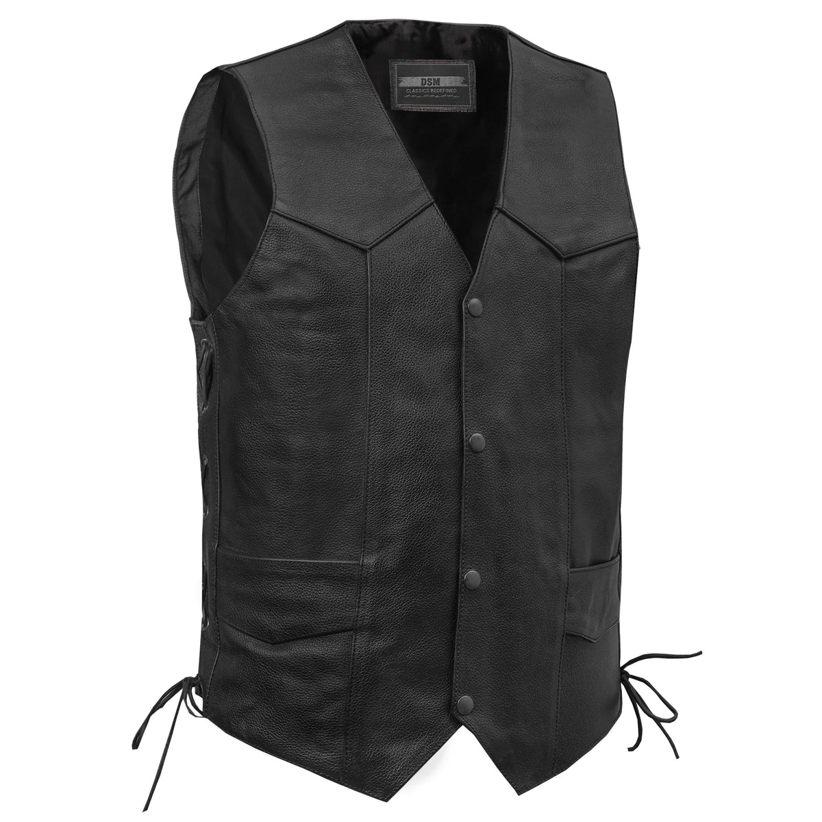 Chaleco de Cuero Ryder para Motociclista – Negro con Ajuste Lateral