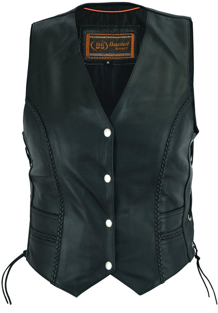 Chaleco de Cuero Fallon para Mujer – Negro con Detalles Trenzados