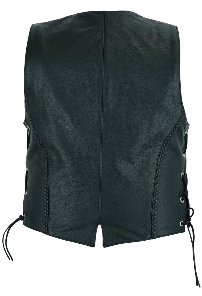 Chaleco de Cuero Fallon para Mujer – Negro con Detalles Trenzados