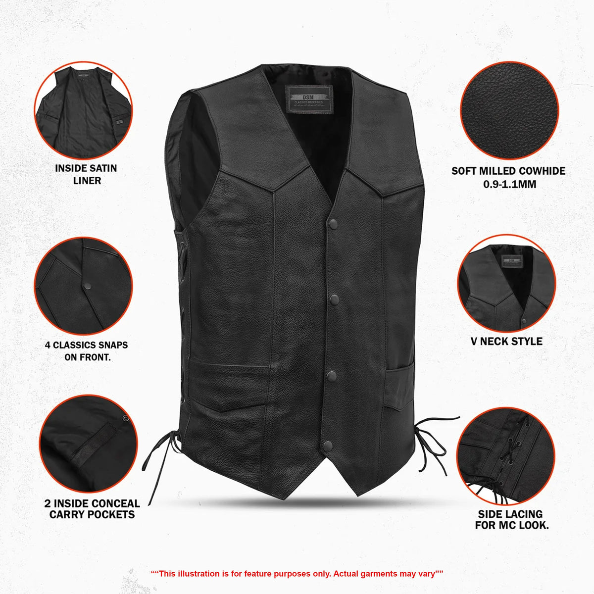Chaleco de Cuero Ryder para Motociclista – Negro con Ajuste Lateral