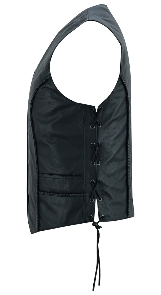 Chaleco de Cuero Wisp para Mujer – Negro con Detalles Trenzados