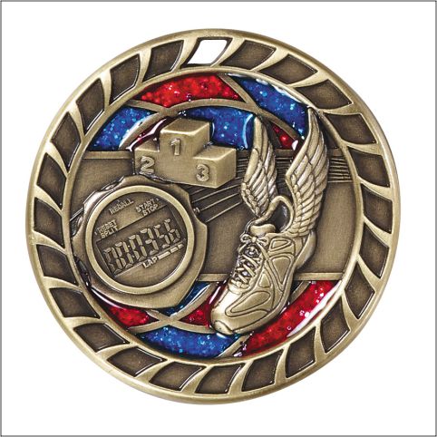 Track Glitter Glass Medal – 2½" Gold Track & Field Award Medal