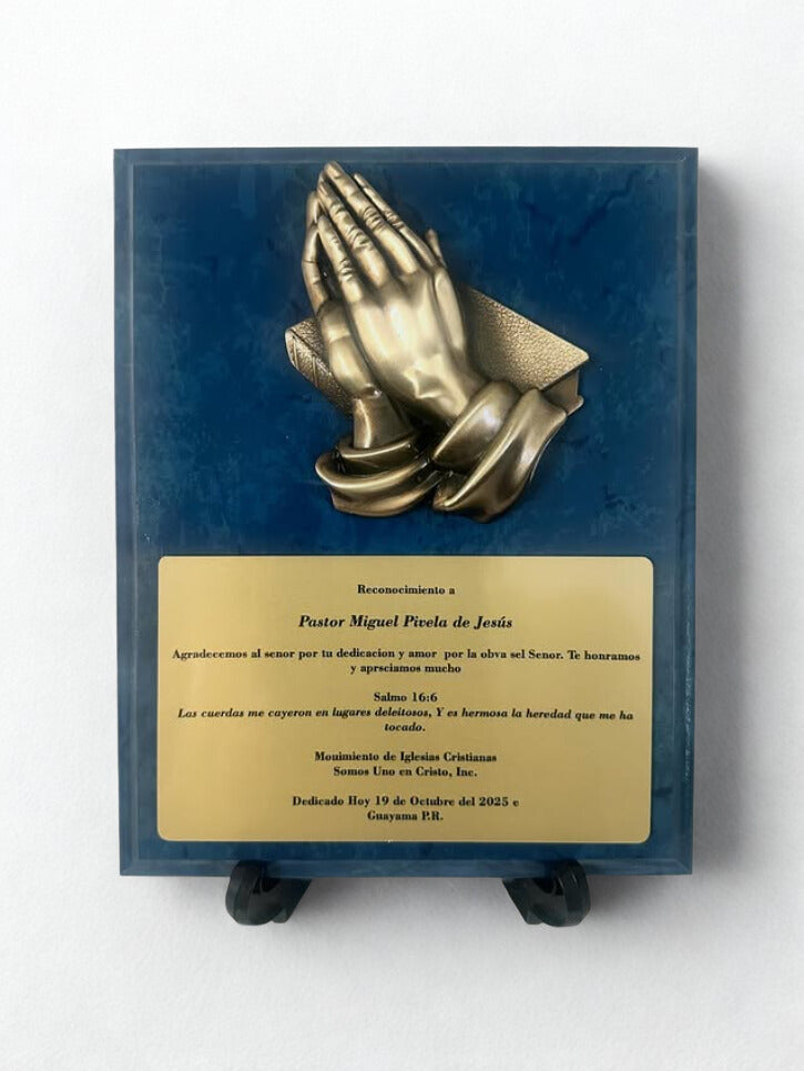 8X10 DEEP BLUE MARBLE PLAQUE W/ PRAYER HANDS MOUNT