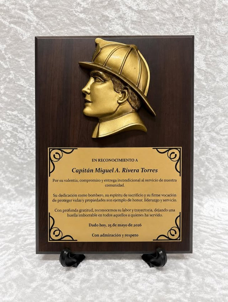 Custom Firefighter Recognition Plaque with Gold Firefighter Emblem