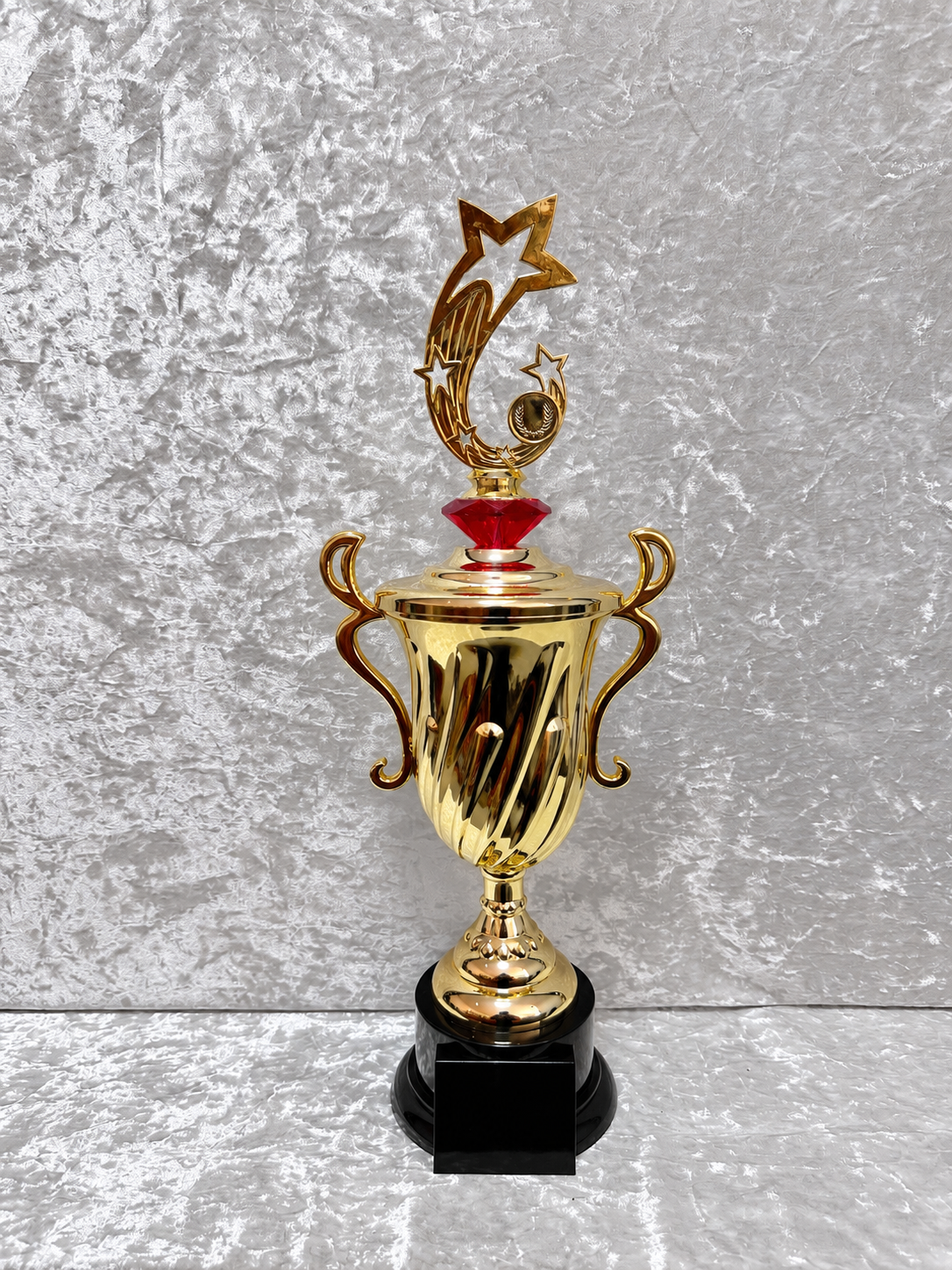 Trofeo Copa Dorada Premium con Estrellas, Diamante de Color, Disco para Logo y Placa Personalizable