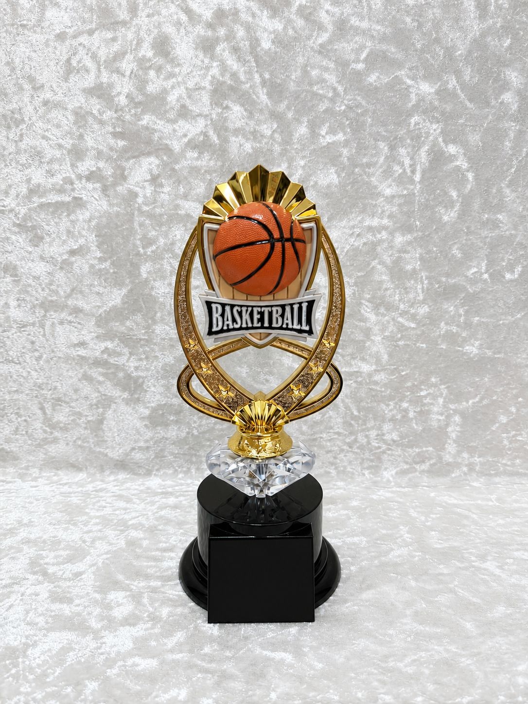 Trofeo de Baloncesto con Bola 3D, Estrellas Doradas y Base Negra