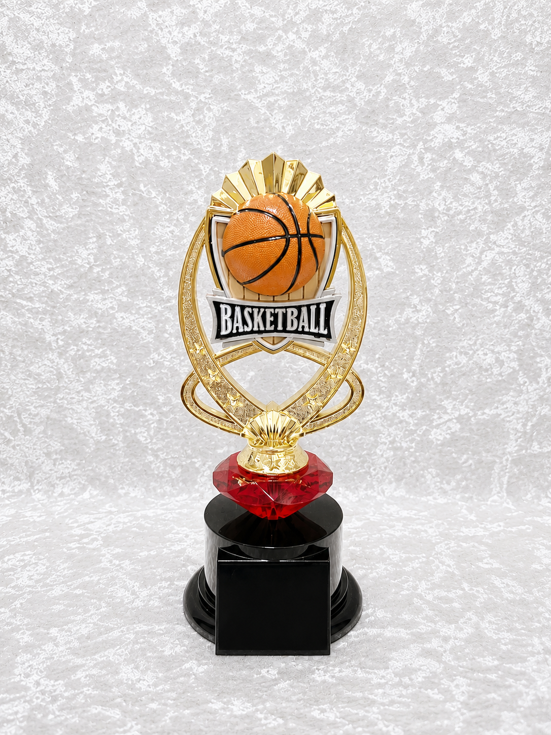 Trofeo de Baloncesto con Bola 3D, Estrellas Doradas y Base Negra