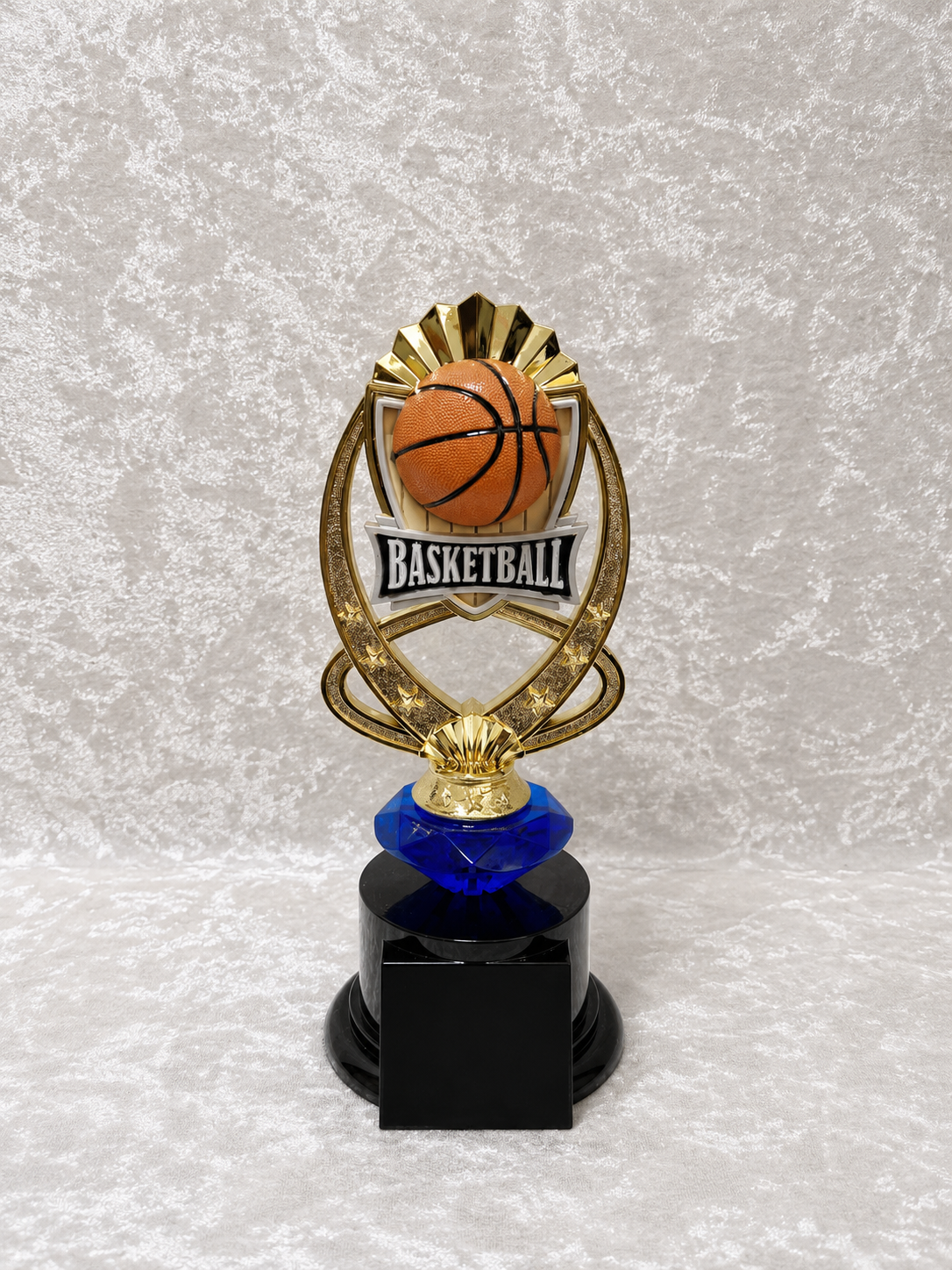 Trofeo de Baloncesto con Bola 3D, Estrellas Doradas y Base Negra