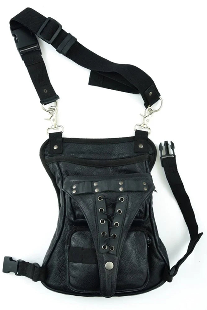 Bolso de Muslo de Cuero para Motociclista – Negro con Cordones Decorativos