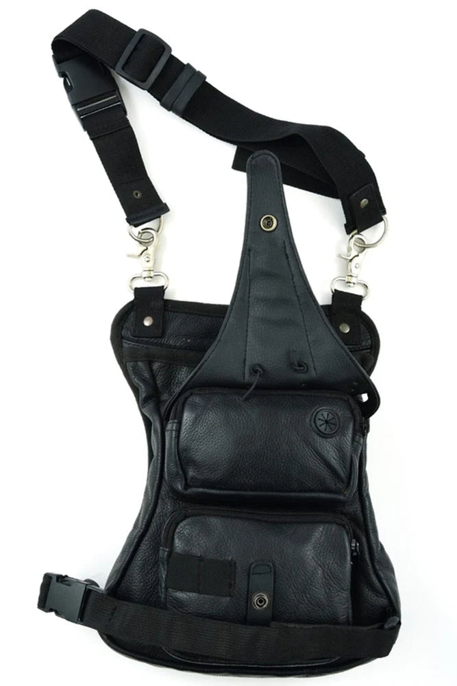 Bolso de Muslo de Cuero para Motociclista – Negro con Cordones Decorativos