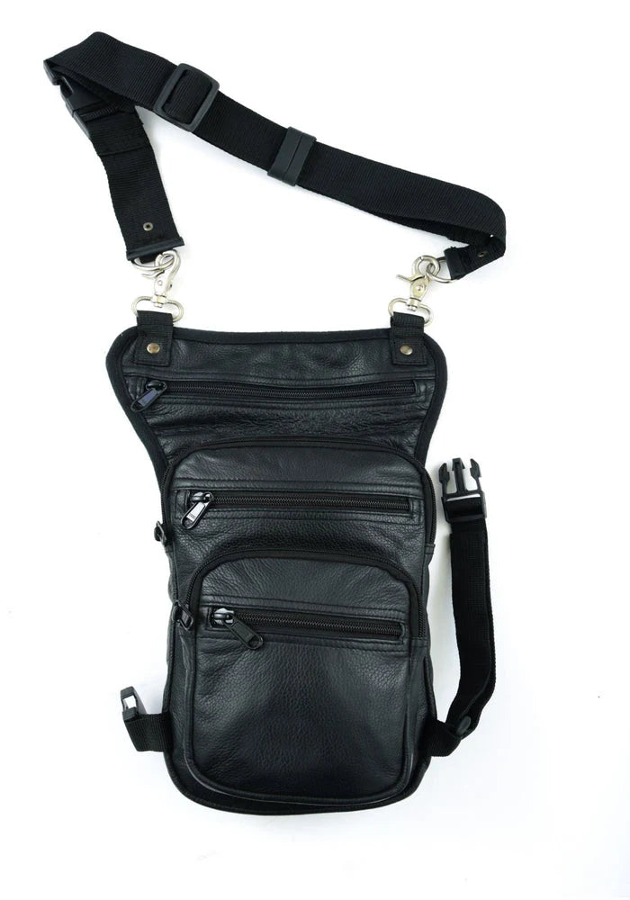 Bolso de Muslo de Cuero para Motociclista – Negro con Correas Ajustables