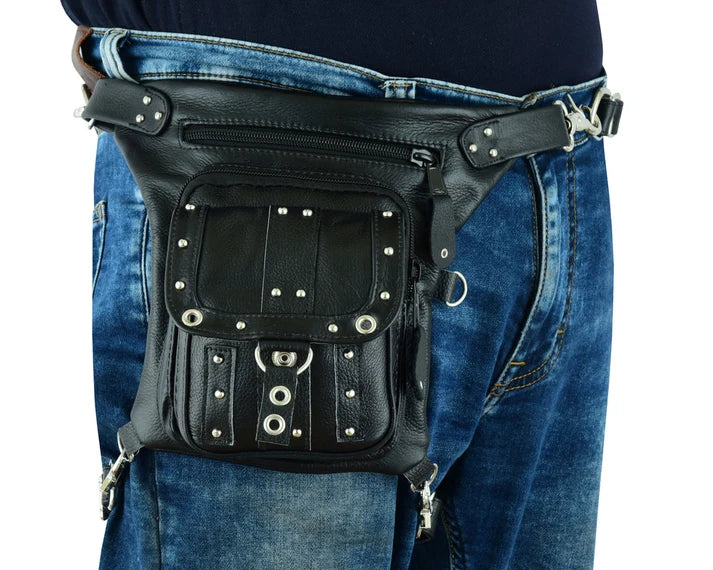 Bolso de Muslo de Cuero para Motociclista – Negro con Ajuste en Cintura
