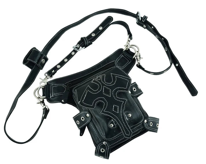 Bolso de Muslo de Cuero para Motociclista – Negro con Correas Ajustables