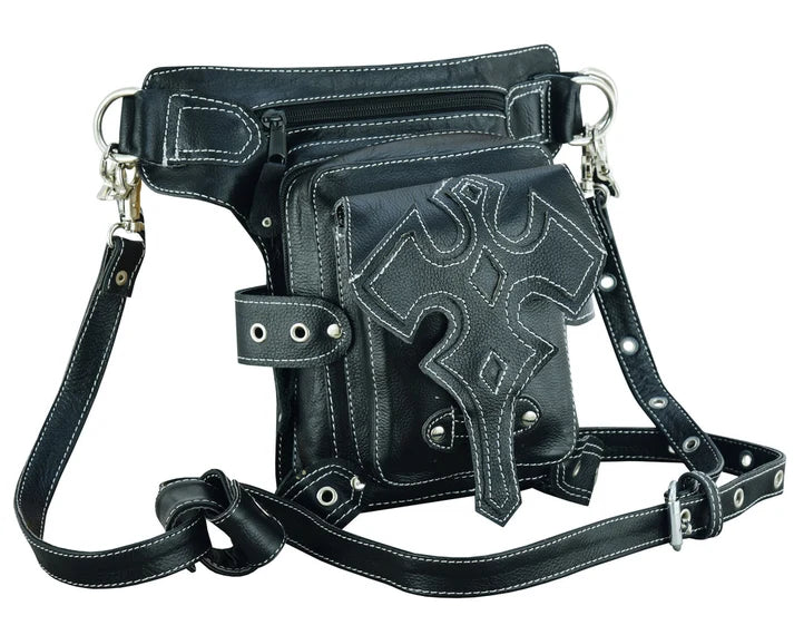 Bolso de Muslo de Cuero para Motociclista – Negro con Correas Ajustables
