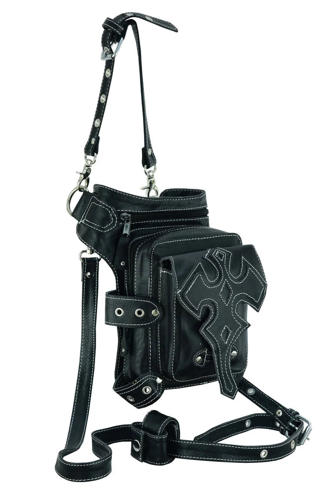 Bolso de Muslo de Cuero para Motociclista – Negro con Correas Ajustables