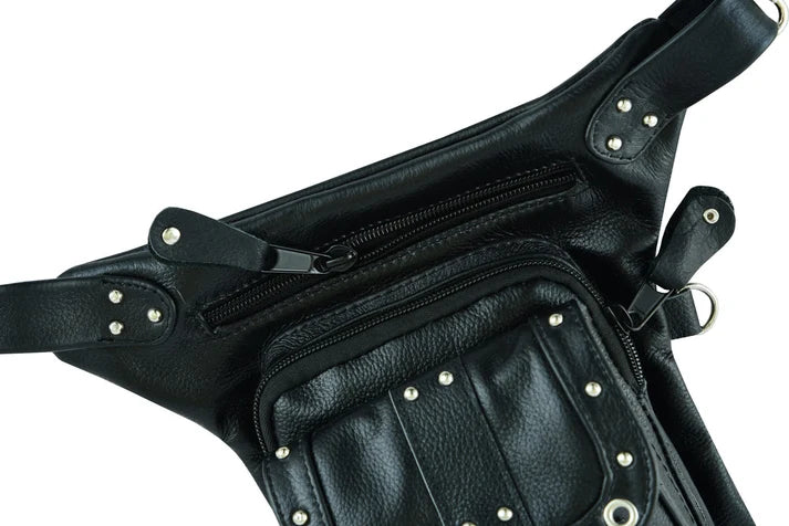 Bolso de Muslo de Cuero para Motociclista – Negro con Ajuste en Cintura
