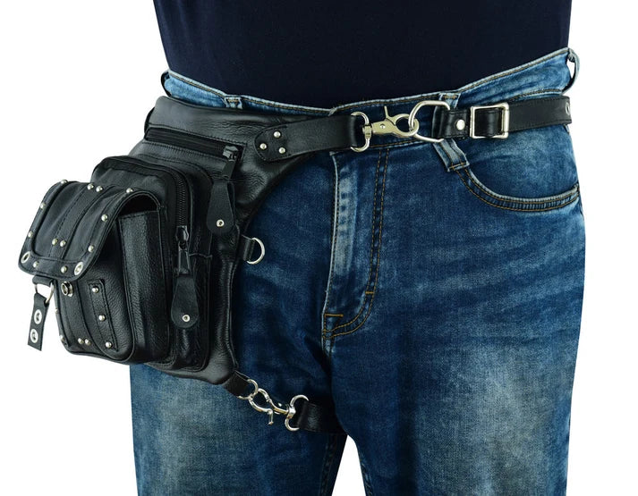 Bolso de Muslo de Cuero para Motociclista – Negro con Ajuste en Cintura