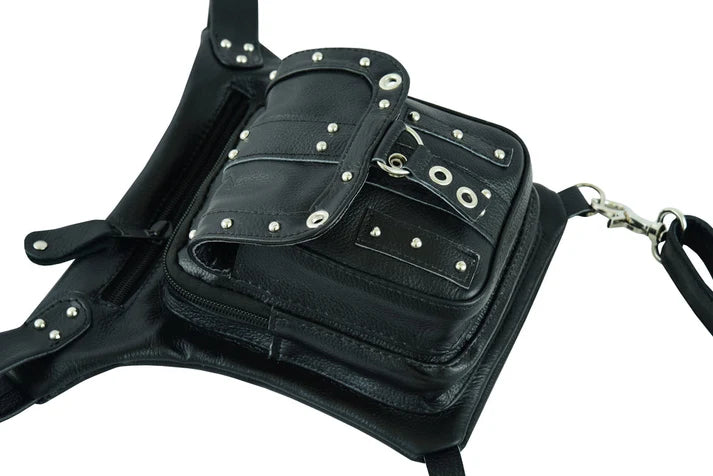 Bolso de Muslo de Cuero para Motociclista – Negro con Ajuste en Cintura
