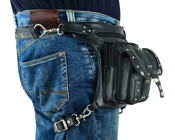 Bolso de Muslo de Cuero para Motociclista – Negro con Ajuste en Cintura