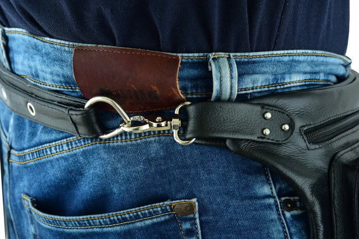 Bolso de Muslo de Cuero para Motociclista – Negro con Ajuste en Cintura