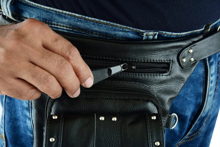 Bolso de Muslo de Cuero para Motociclista – Negro con Ajuste en Cintura