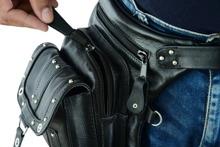 Bolso de Muslo de Cuero para Motociclista – Negro con Ajuste en Cintura